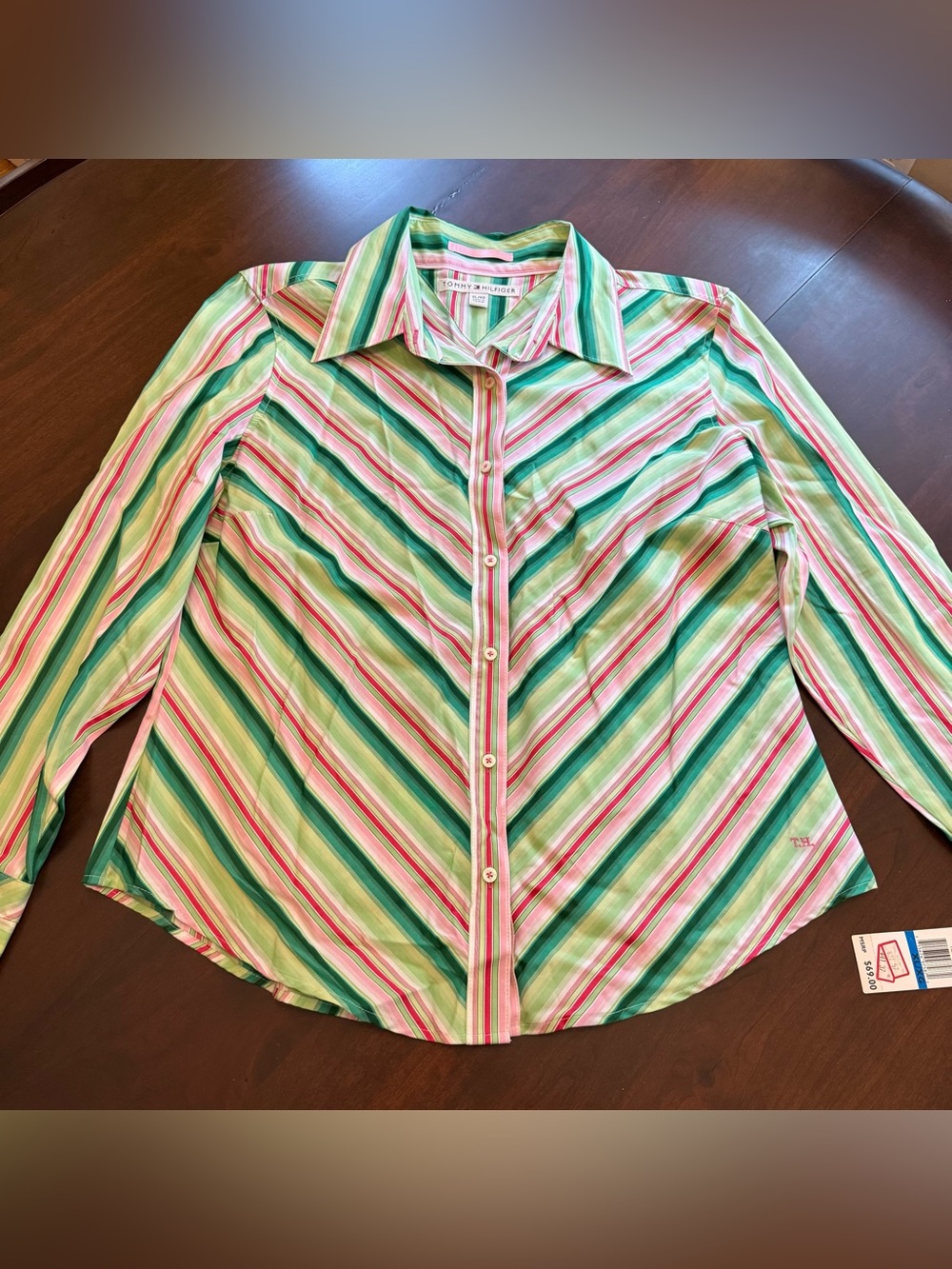Tommy Hilfiger Shirt Womens XL Vintage Green Pink Chevron Striped Button Up